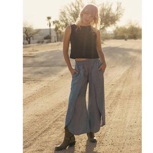 Muslin Comfort Tulip Pants Chambray Blue Wide Leg Smocked Cotton Muslin Medium